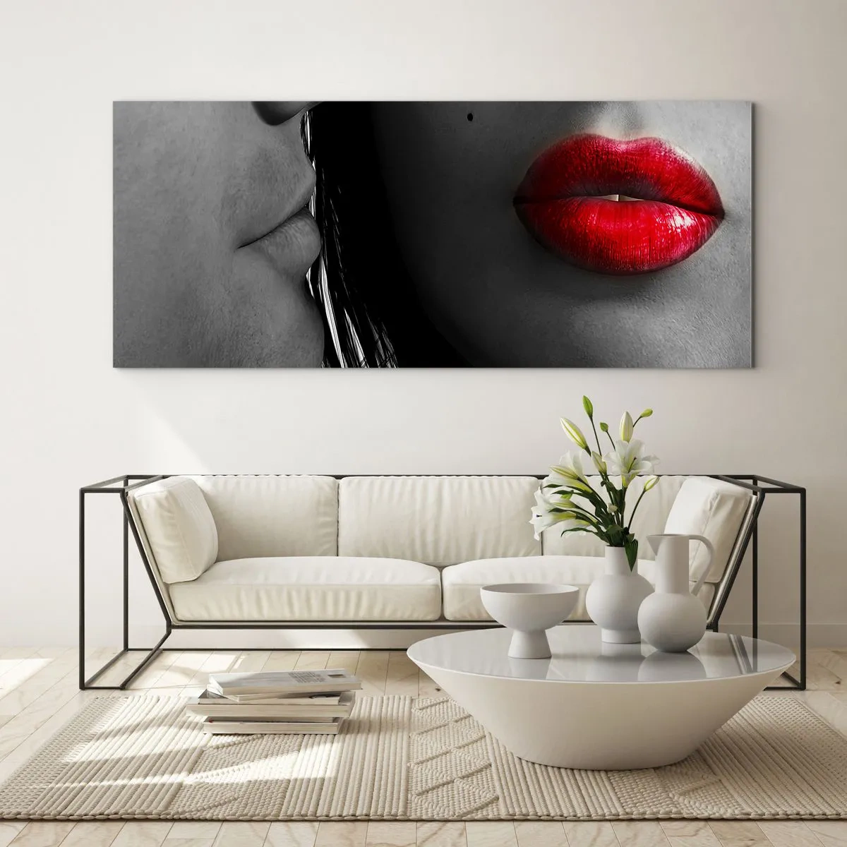 Impression sur verre - Image sur verre - Gros plan des visages d'une femme et d'un homme aux lèvres rouges. - 140x50cm - Face à face - Décoration murale moderne pour le salon et la chambre ARTTOR