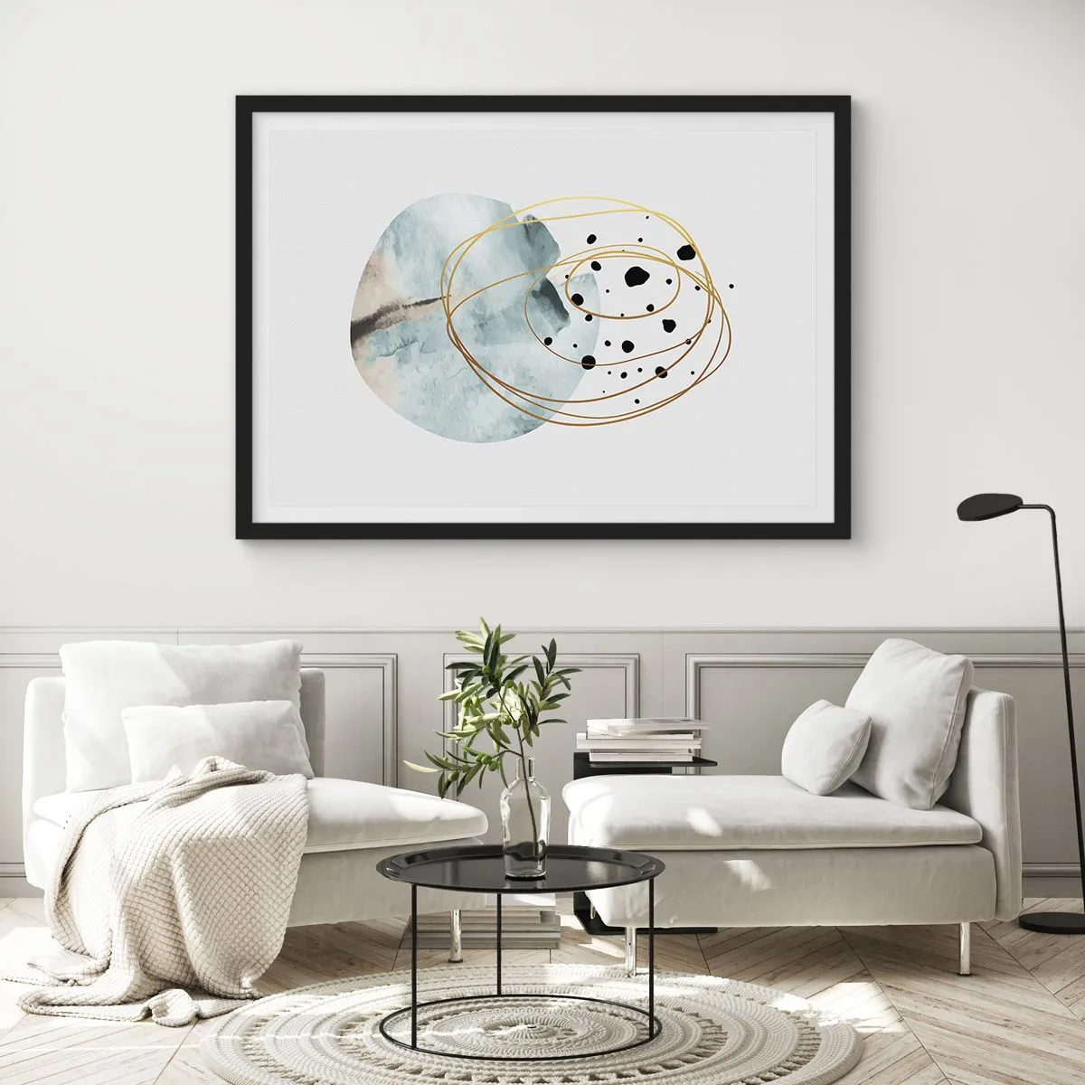 Affiche dans un cadre noir - Poster - Abstraction minimaliste avec un motif géométrique et des lignes dorées - 70x50cm - Emmêlement de l'espace - Décoration murale moderne pour le salon et la chambre ARTTOR