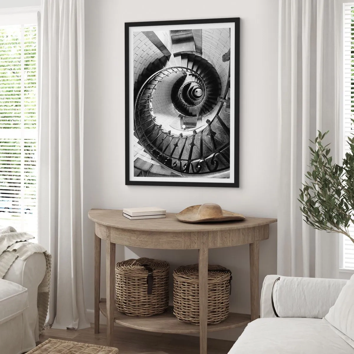 Affiche dans un cadre noir - Poster - Escalier en colimaçon en perspective noir et blanc - 50x70cm - De plus en plus haut - Décoration murale moderne pour le salon et la chambre ARTTOR