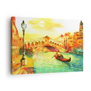 Impression sur toile - Image sur toile - Un pont pittoresque sur le canal avec une gondole à la lumière du soleil couchant - 70x50cm - Un pèlerinage d'amoureux - Décoration murale moderne pour le salon et la chambre ARTTOR