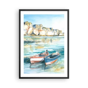 Affiche dans un cadre noir - Poster - Paysage à l'aquarelle avec des bateaux sur l'eau et une ville balnéaire - 50x70cm - Paysage dans l'azur - Décoration murale moderne pour le salon et la chambre ARTTOR