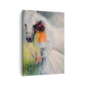 Impression sur toile - Image sur toile - Une femme avec un cheval blanc dans un cadre pittoresque - 50x70cm - Comme dans un beau rêve - Décoration murale moderne pour le salon et la chambre ARTTOR