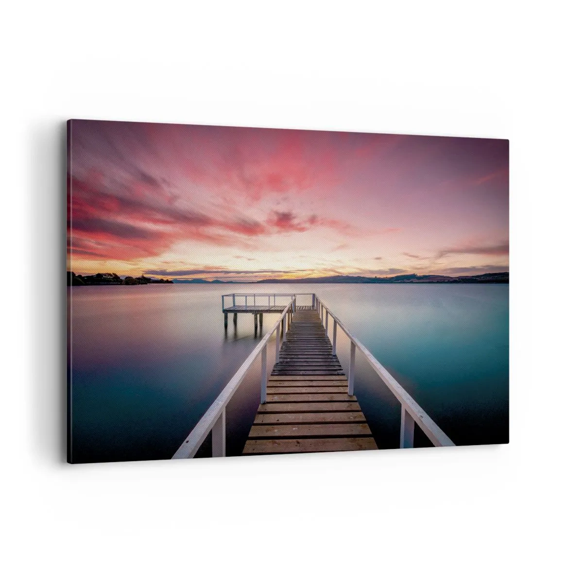 Impression sur toile - Image sur toile - Une jetée menant à un lac tranquille au coucher du soleil - 120x80cm - La douce flamme du soir - Décoration murale moderne pour le salon et la chambre ARTTOR