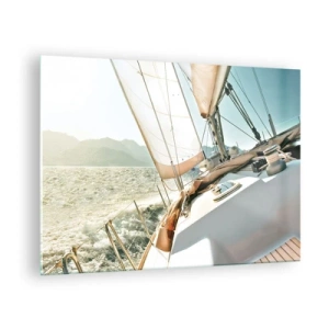 Impression sur verre - Image sur verre - Un voilier sur fond de montagnes et de ciel bleu - 70x50cm - Toutes voiles dehors - Décoration murale moderne pour le salon et la chambre ARTTOR