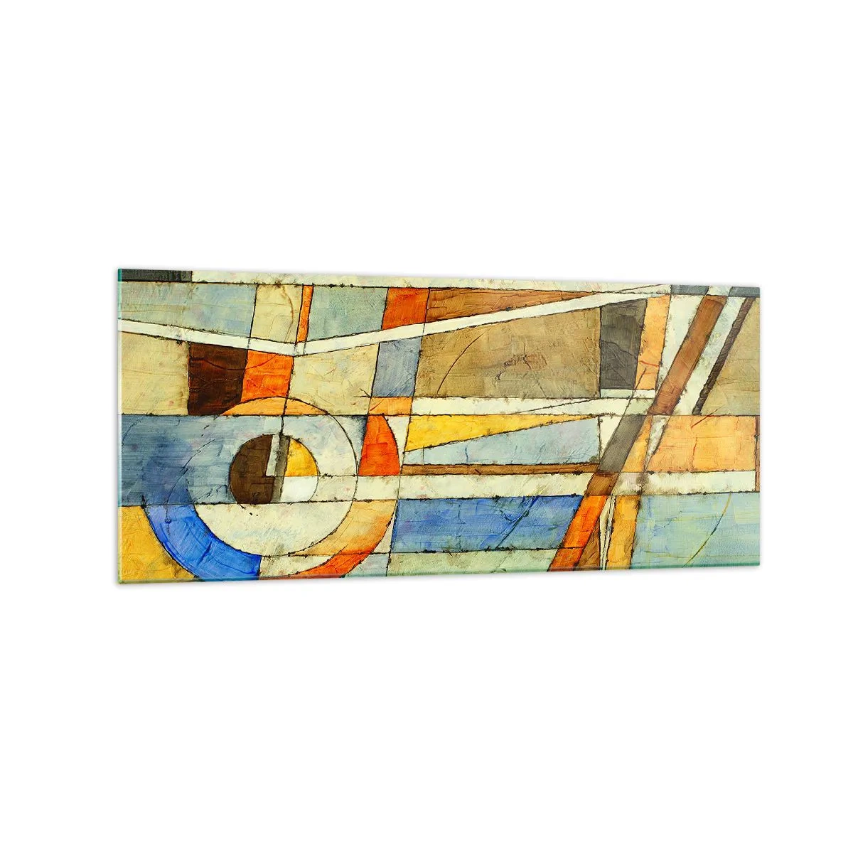 Impression sur verre - Image sur verre - Abstraction géométrique dans les tons beige, bleu et orange - 120x50cm - Cubisme sur le chantier - Décoration murale moderne pour le salon et la chambre ARTTOR