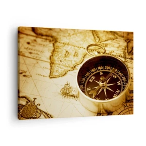 Impression sur toile - Image sur toile - Une boussole antique sur fond d'une vieille carte du monde - 70x50cm - Est ou ouest? - Décoration murale moderne pour le salon et la chambre ARTTOR