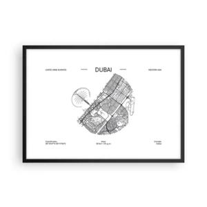 Affiche dans un cadre noir - Poster - Une carte minimaliste en noir et blanc de Dubaï avec des marquages de localisation. - 70x50cm - Anatomie de Dubaï - Décoration murale moderne pour le salon et la chambre ARTTOR
