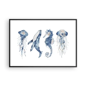 Affiche dans un cadre noir - Poster - Méduse, baleine et hippocampe dans un style aquarelle - 100x70cm - Merveilles de la mer - Décoration murale moderne pour le salon et la chambre ARTTOR