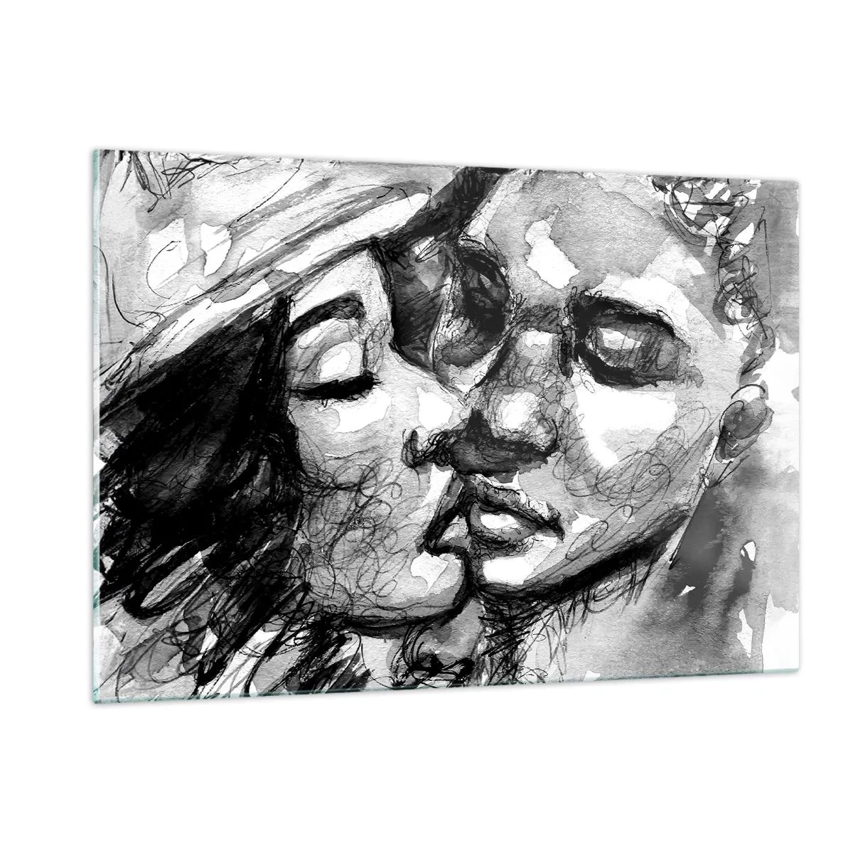Impression sur verre - Image sur verre - Croquis en noir et blanc d'un tendre baiser - 120x80cm - Un moment tendre - Décoration murale moderne pour le salon et la chambre ARTTOR