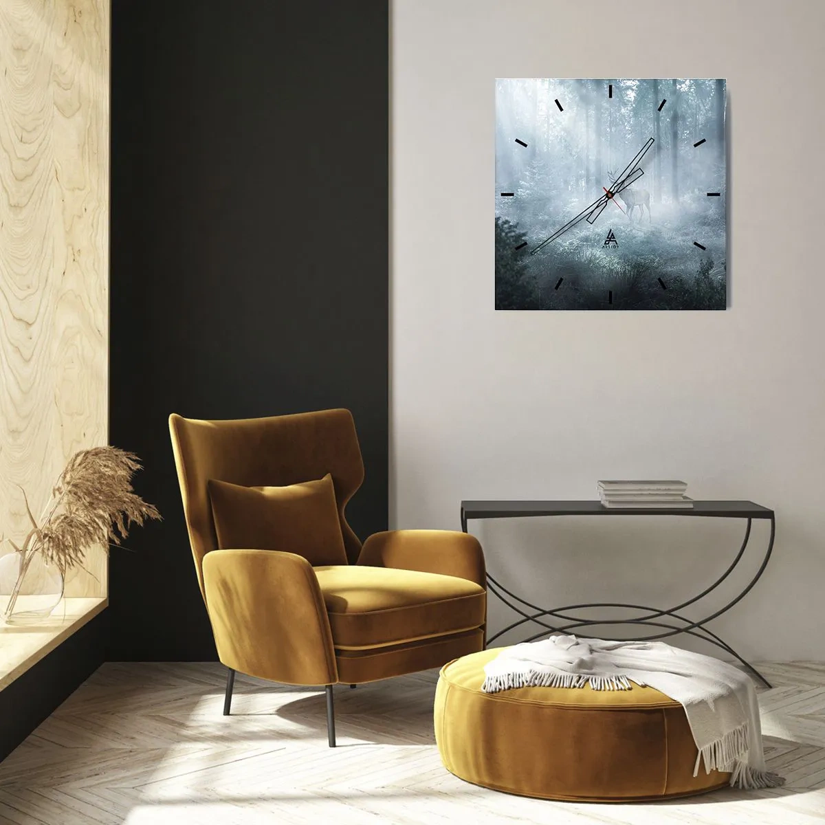 Horloge murale - Pendule murale - Un cerf dans une forêt dense enveloppée de brume matinale - 30x30cm - Visite matinale du domaine - Décoration murale moderne pour le salon et la chambre ARTTOR