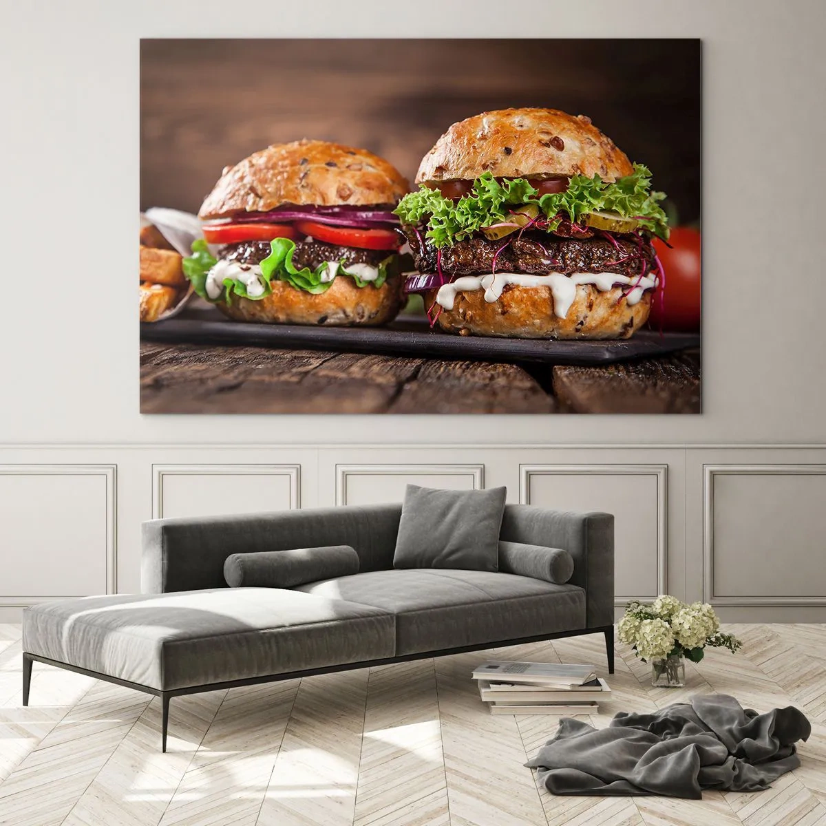 Impression sur verre - Image sur verre - Burgers appétissants avec légumes et sauce - 70x50cm - American dream - Décoration murale moderne pour le salon et la chambre ARTTOR