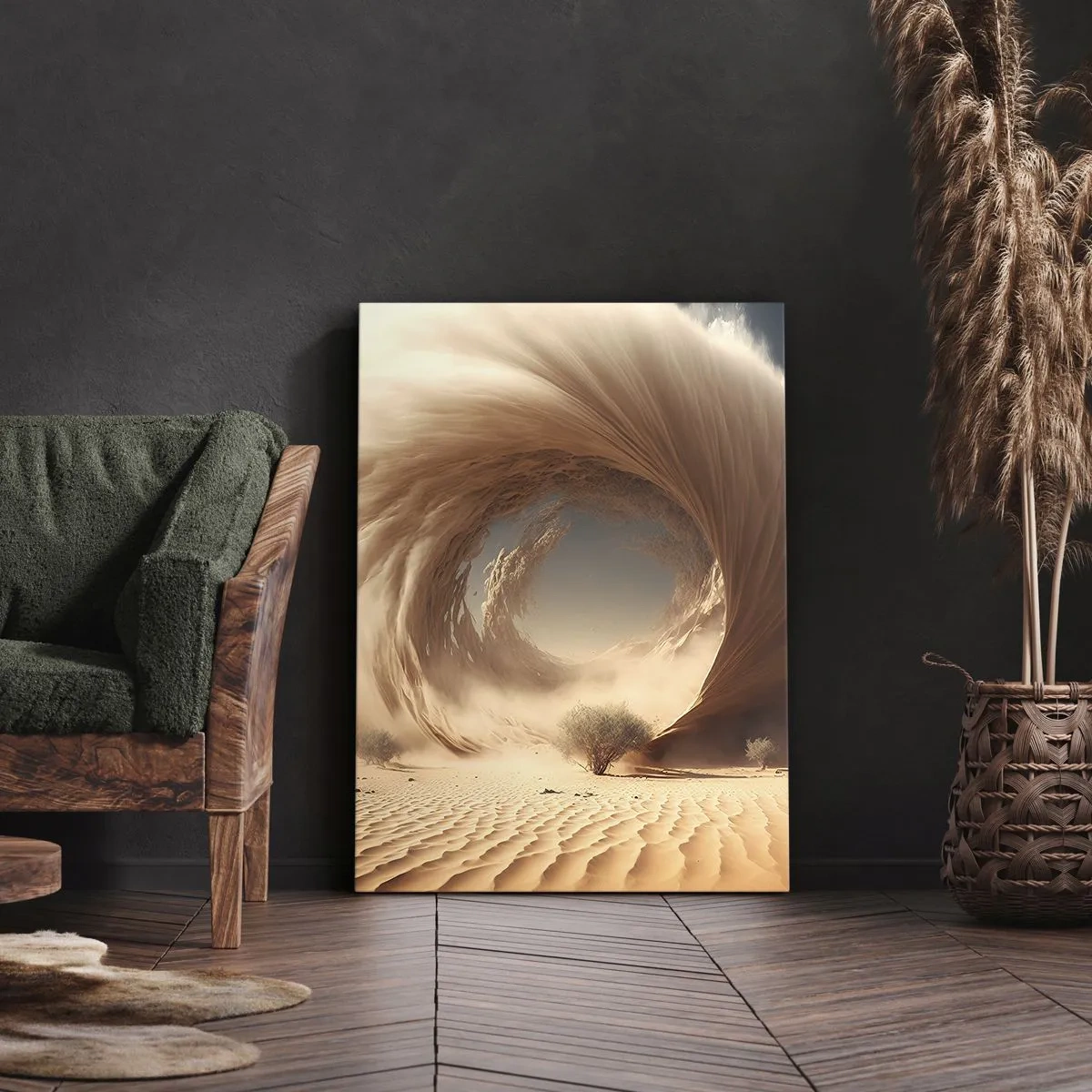 Impression sur toile - Image sur toile - Tourbillon de sable dynamique dans un désert avec des arbres - 50x70cm - Portail ouvert - Décoration murale moderne pour le salon et la chambre ARTTOR