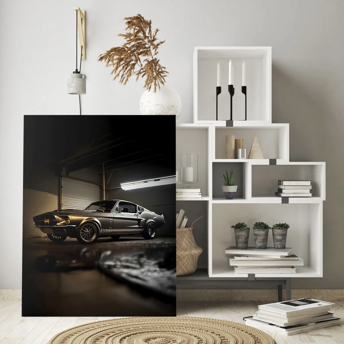 Impression sur verre - Image sur verre - Voiture classique dans un garage sous un éclairage industriel - 50x70cm - Retour dans le passé - Décoration murale moderne pour le salon et la chambre ARTTOR