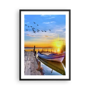 Affiche dans un cadre noir - Poster - Un bateau sur un lac au coucher du soleil avec des oiseaux en arrière-plan - 50x70cm - Au revoir, à demain - Décoration murale moderne pour le salon et la chambre ARTTOR