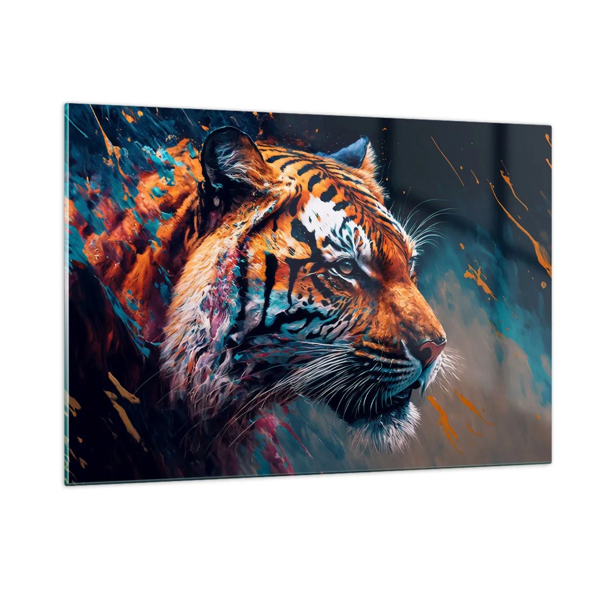 Impression sur verre - Image sur verre - Portrait d'un tigre dans une explosion artistique de couleurs - 120x80cm - Beauté sauvage - Décoration murale moderne pour le salon et la chambre ARTTOR