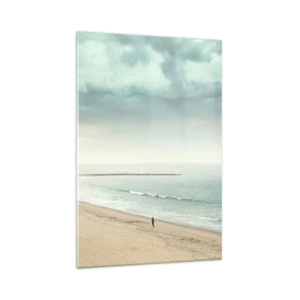 Impression sur verre - Image sur verre - Une silhouette solitaire sur une plage déserte au bord d'une mer calme - 70x100cm - à la recherche de la paix - Décoration murale moderne pour le salon et la chambre ARTTOR