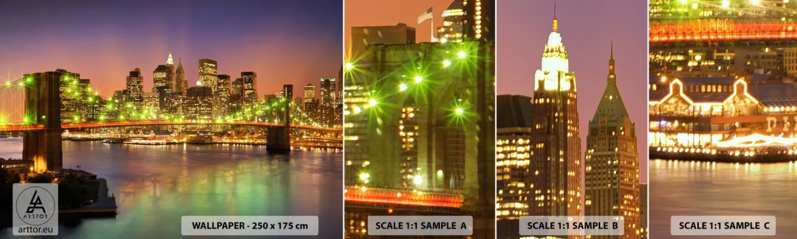 Échantillon de Papier Peint Autocollant Deluxe Sticker - Ici la lumière ne s'éteint jamais - Ville, New York, le pont de Brooklyn - 100x30 cm