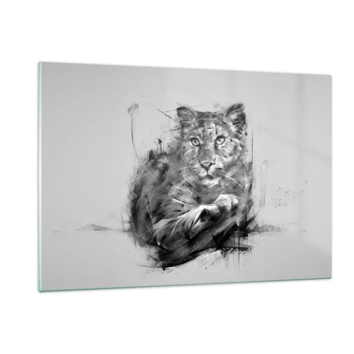 Impression sur verre - Image sur verre - Un dessin d'un tigre dans un style monochrome sur un fond clair - 120x80cm - Oui, j'écoute attentivement - Décoration murale moderne pour le salon et la chambre ARTTOR