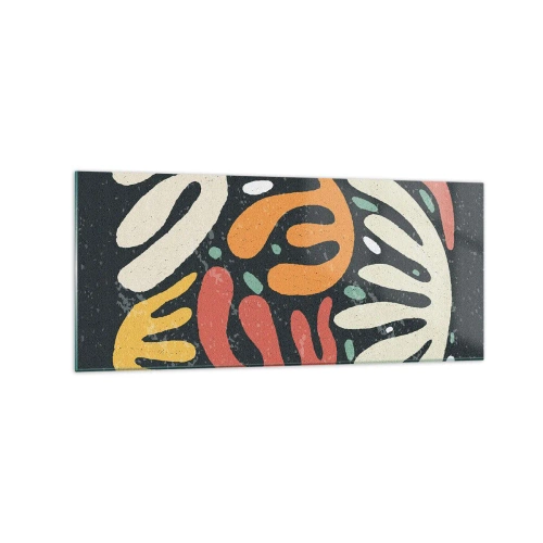 Impression sur verre - Image sur verre - Formes abstraites aux couleurs chaudes sur fond sombre - 120x50cm - Composition – Je suis sur le point de t'attraper - Décoration murale moderne pour le salon et la chambre ARTTOR
