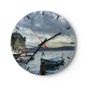 Horloge murale - Pendule murale - Architecture historique et bateaux sur fond de pont et de nuages - 30x30cm - Aux confins des mondes - Décoration murale moderne pour le salon, la cuisine et la chambre ARTTOR