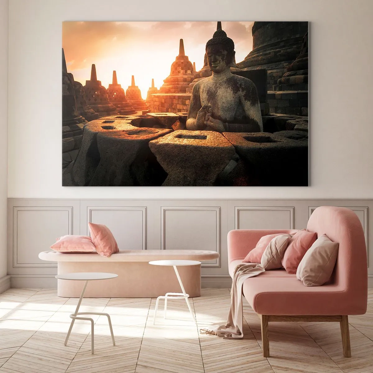 Impression sur verre - Image sur verre - Une statue de Bouddha illuminée par le soleil couchant dans un ancien complexe de temples - 70x50cm - Temps de grande sagesse - Décoration murale moderne pour le salon et la chambre ARTTOR