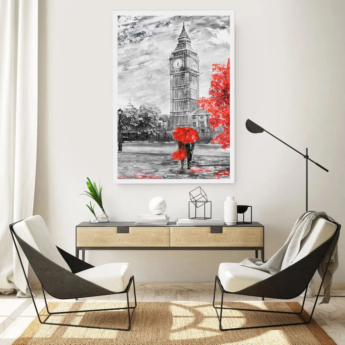 Affiche - Poster - Tour de l'Horloge avec parapluie rouge - 50x70cm - Une journée passionnante - Décoration murale moderne pour le salon et la chambre ARTTOR