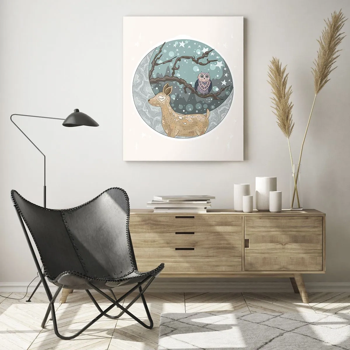 Impression sur verre - Image sur verre - Illustration d'un cerf et d'un hibou dans un décor magique - 50x70cm - Une nuit de conte de fées en forêt - Décoration murale moderne pour le salon et la chambre ARTTOR