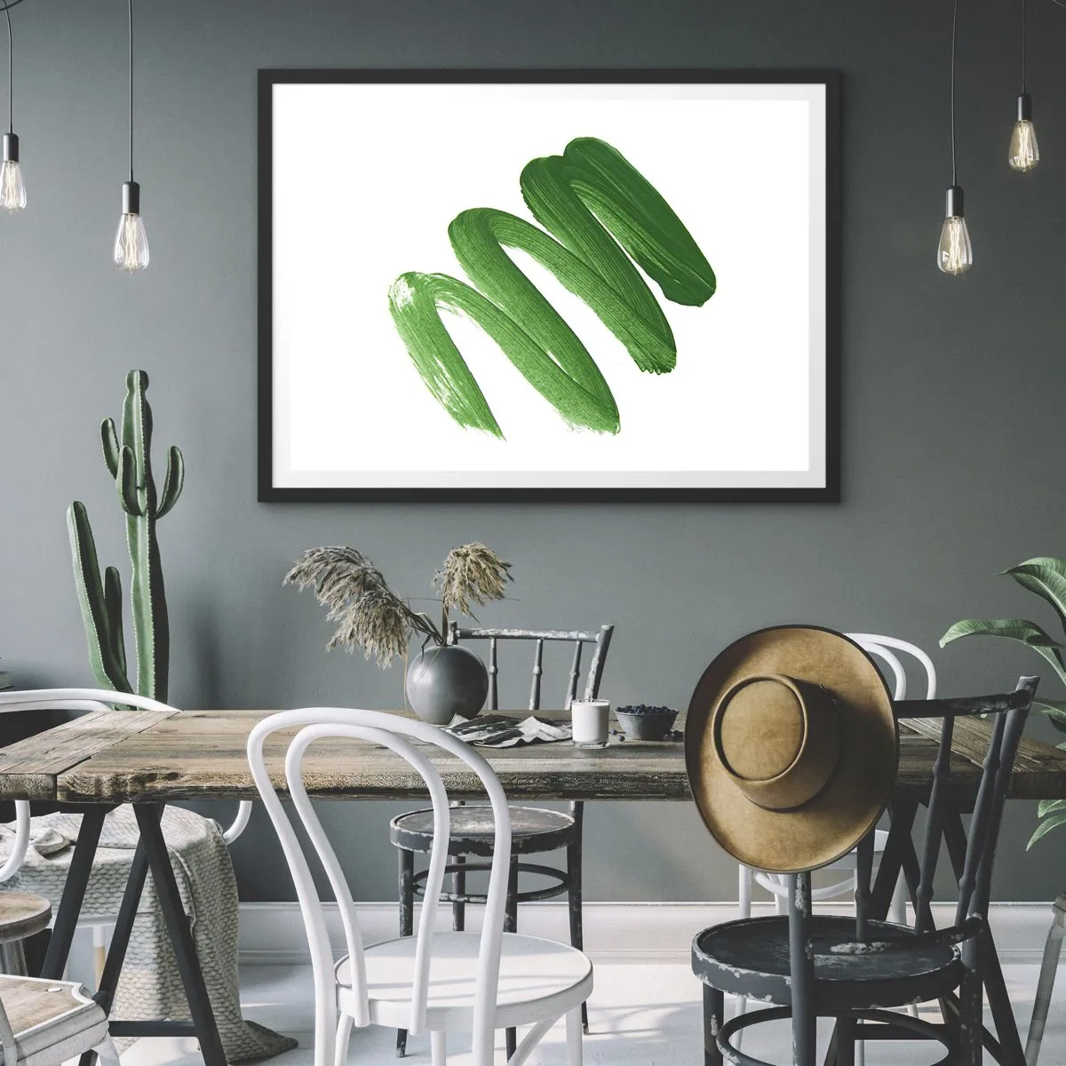 Affiche dans un cadre noir - Poster - Coup de pinceau abstrait vert sur fond blanc - 70x50cm - Blague verte - Décoration murale moderne pour le salon et la chambre ARTTOR