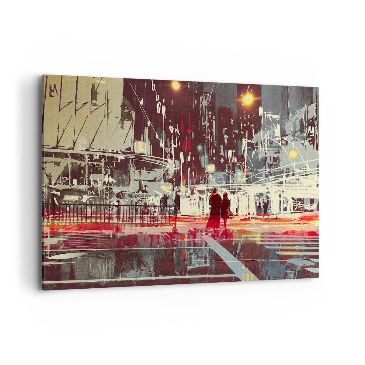Impression sur toile - Image sur toile - Ville la nuit avec des néons et des silhouettes de personnes dans la rue - 120x80cm - Une grande traversée de ville - Décoration murale moderne pour le salon et la chambre ARTTOR