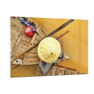 Impression sur verre - Image sur verre - Vue de dessus d'un bateau et d'une personne portant un chapeau conique - 120x80cm - La vie sur le fleuve Jaune - Décoration murale moderne pour le salon et la chambre ARTTOR