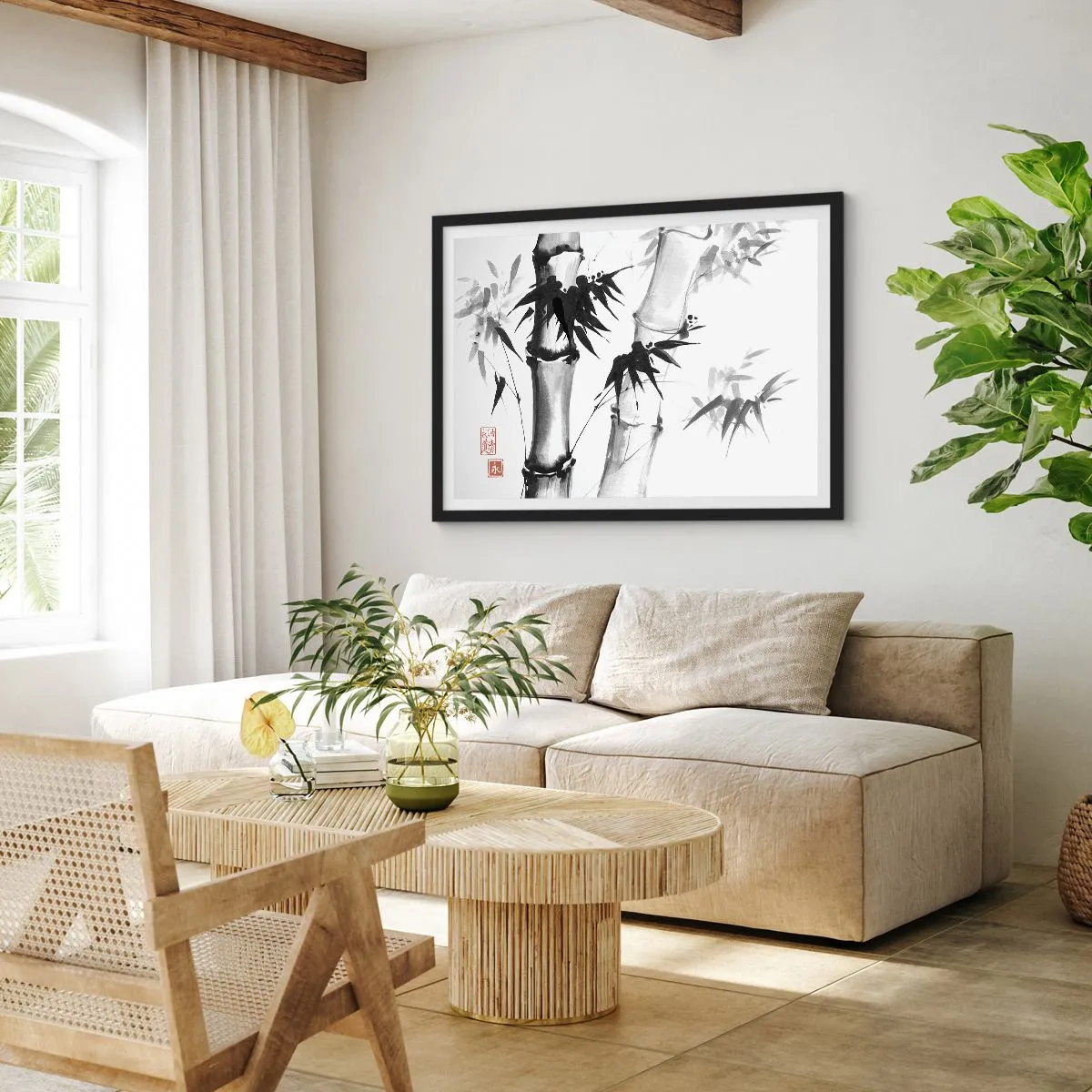 Affiche dans un cadre noir - Poster - Bambou aquarelle de style japonais sur fond blanc - 70x50cm - Gros plan sur l'orient - Décoration murale moderne pour le salon et la chambre ARTTOR