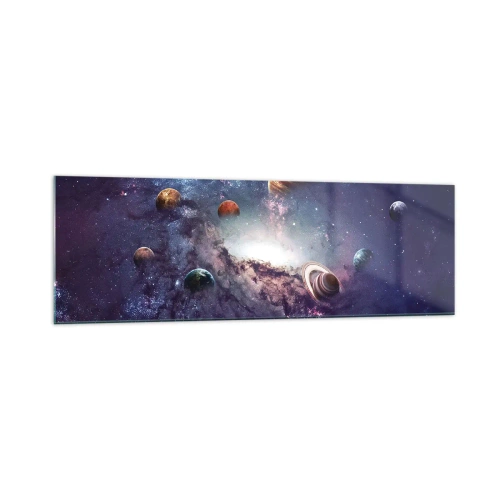 Impression sur verre - Image sur verre - Planètes dans une galaxie avec une nébuleuse en arrière-plan - 160x50cm - Système de danse solaire - Décoration murale moderne pour le salon et la chambre ARTTOR