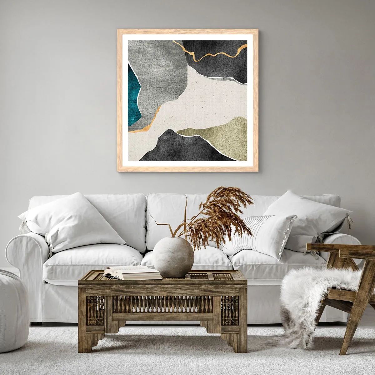 Affiche dans un chêne clair - Poster - Composition mosaïque avec un fil d'or - 40x40 cm