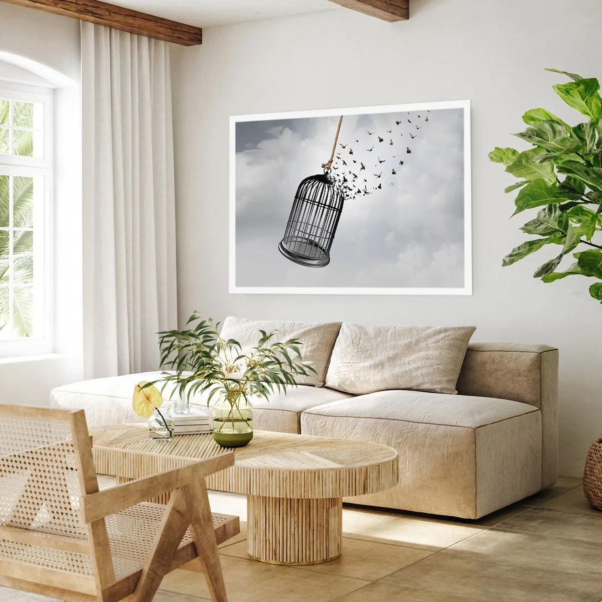 Affiche - Poster - Des oiseaux s'envolent d'une cage dans le ciel - 100x70cm - Foie...Espoir...Liberté! - Décoration murale moderne pour le salon et la chambre ARTTOR