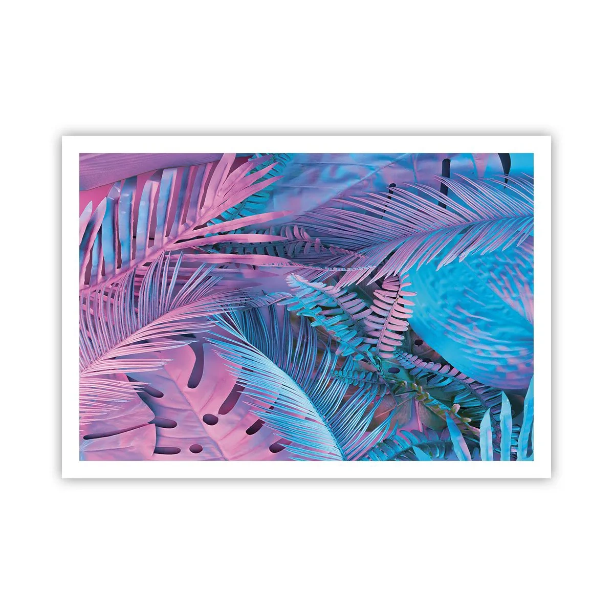 Affiche - Poster - Feuilles tropicales dans les tons de rose et de bleu - 100x70cm - Les tropiques en rose et bleu - Décoration murale moderne pour le salon et la chambre ARTTOR
