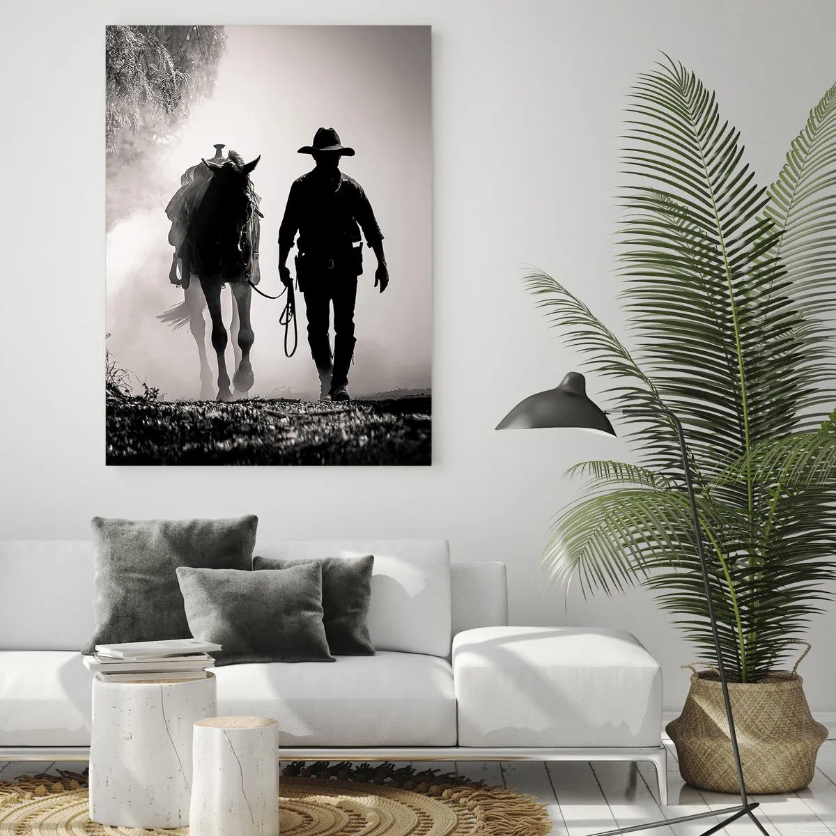 Impression sur verre - Image sur verre - Silhouette d'un cow-boy conduisant un cheval à travers un paysage brumeux - 50x70cm - Matinée texane - Décoration murale moderne pour le salon et la chambre ARTTOR