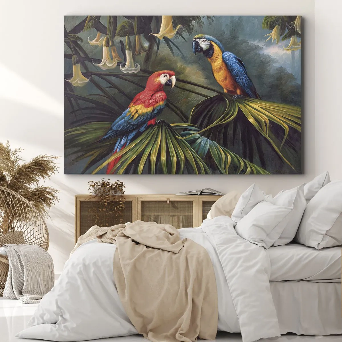 Impression sur toile - Image sur toile - Perroquets dans une forêt tropicale avec des fleurs exotiques en arrière-plan - 70x50cm - Romantisme dans les tropiques - Décoration murale moderne pour le salon et la chambre ARTTOR