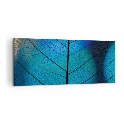 Impression sur toile - Image sur toile - Gros plan d'une feuille bleue avec des détails de veines visibles - 120x50cm - Construction complexe - Décoration murale moderne pour le salon et la chambre ARTTOR