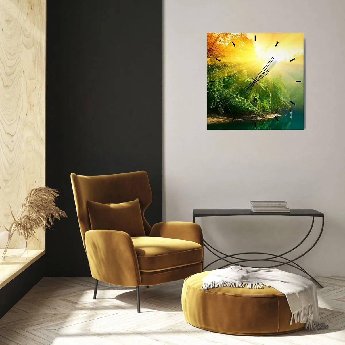 Horloge murale - Pendule murale - Une forêt verte au bord de la rivière, illuminée par les rayons du soleil levant - 30x30cm - Se noyer au soleil et à l'ombre - Décoration murale moderne pour le salon et la chambre ARTTOR