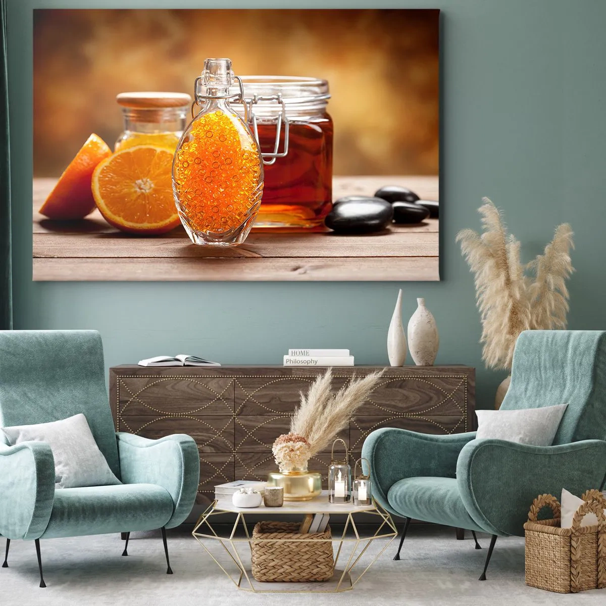 Impression sur toile - Image sur toile - Une bouteille de liquide ambré et des oranges fraîches - 120x80cm - Saveurs et arômes ensoleillés - Décoration murale moderne pour le salon et la chambre ARTTOR