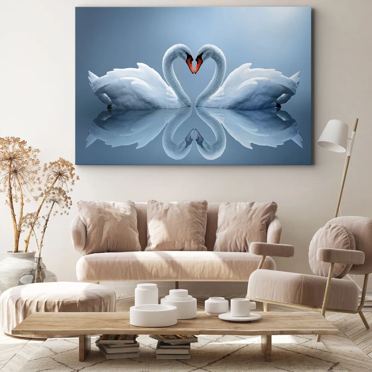 Impression sur toile - Image sur toile - Deux cygnes formant un cœur sur une surface d'eau calme - 120x80cm - Le temps de l'amour - Décoration murale moderne pour le salon et la chambre ARTTOR