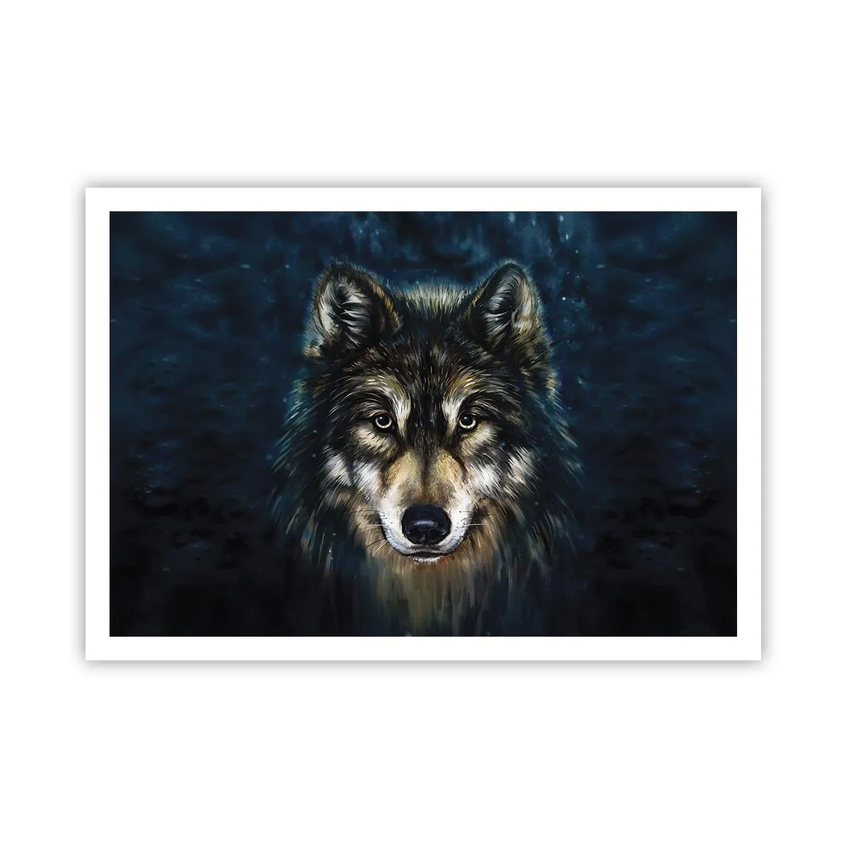 Affiche - Poster - Portrait d'un loup sur fond bleu foncé - 100x70cm - Alpha? Et oméga - Décoration murale moderne pour le salon et la chambre ARTTOR