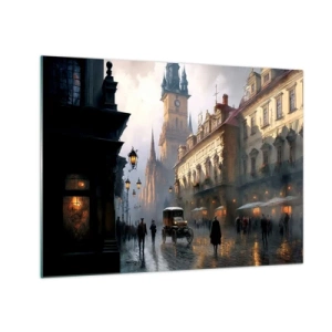 Impression sur verre - Image sur verre - Une rue historique éclairée par des lanternes au crépuscule - 70x50cm - Le charme d'une soirée pragoise - Décoration murale moderne pour le salon et la chambre ARTTOR