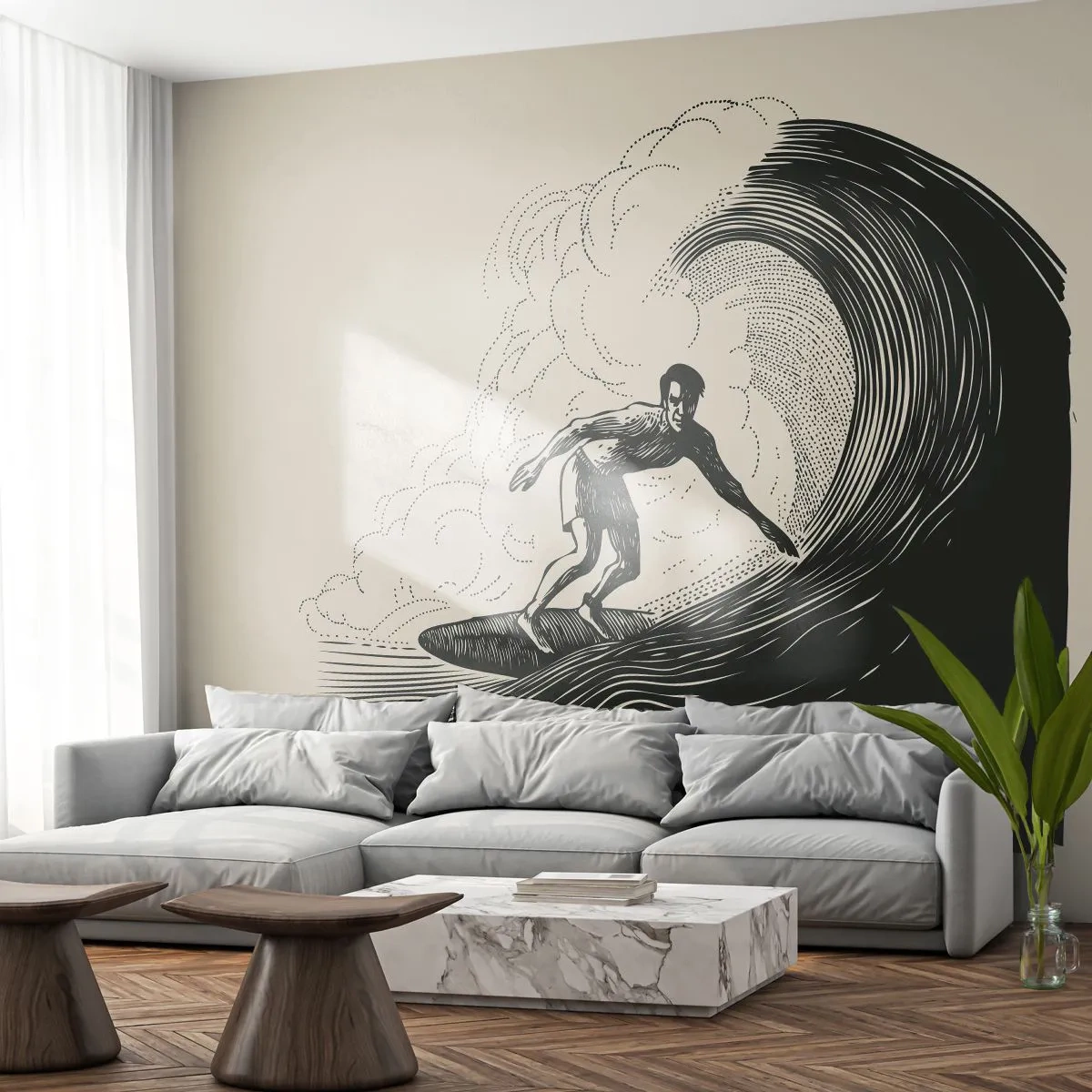Papier Peint Photo Standard Eco - Un surfeur sur une vague dans un graphisme stylisé noir et crème - 100x70cm - Le roi de la vague - Décoration murale moderne pour le salon et la chambre ARTTOR