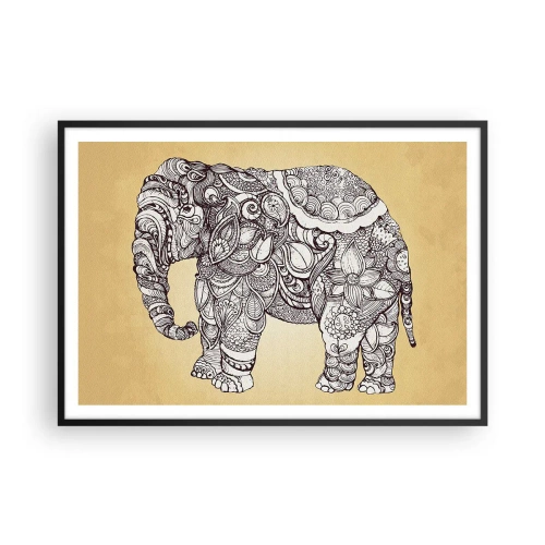 Affiche dans un cadre noir - Poster - Éléphant dessiné à la main avec un motif orné sur un fond beige - 100x70cm - L'éléphant s'est apprêté - Décoration murale moderne pour le salon et la chambre ARTTOR