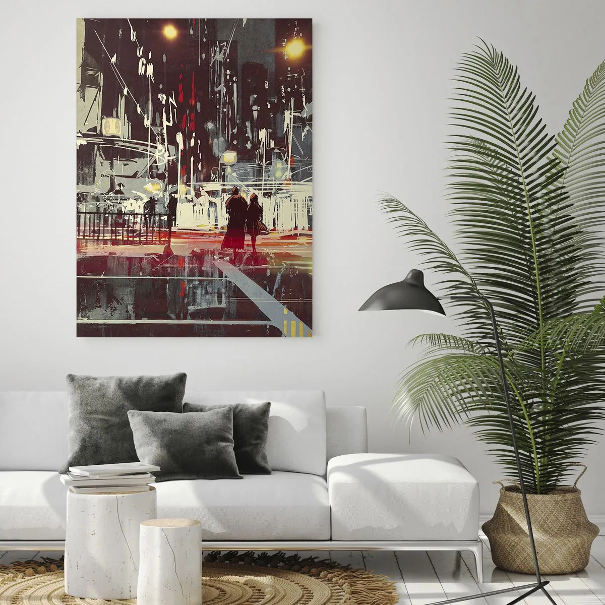 Impression sur verre - Image sur verre - Ville la nuit avec des néons et des silhouettes de personnes dans la rue - 80x120cm - Une grande traversée de ville - Décoration murale moderne pour le salon et la chambre ARTTOR