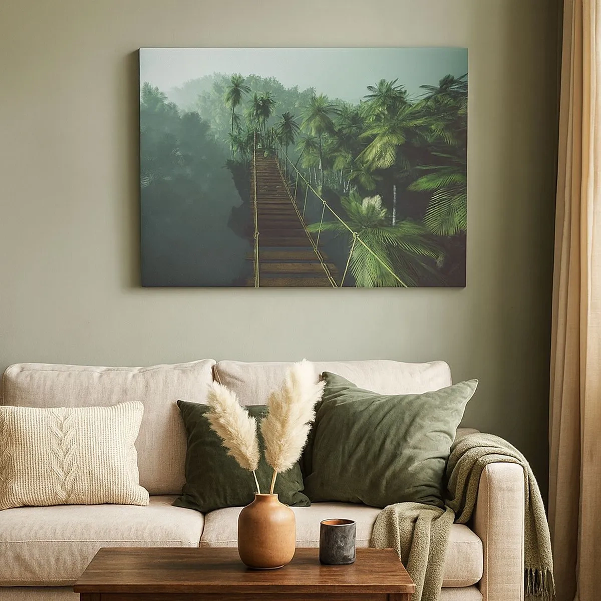 Impression sur toile - Image sur toile - Un pont suspendu dans une forêt tropicale entourée de brouillard. - 70x50cm - Au fil de la verdure - Décoration murale moderne pour le salon et la chambre ARTTOR