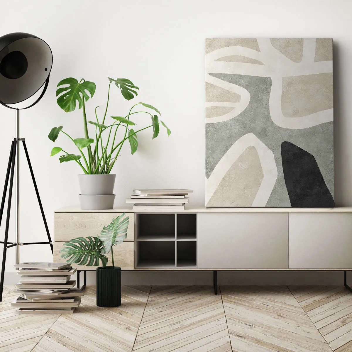 Impression sur toile - Image sur toile - Formes abstraites aux couleurs tamisées - 80x120cm - Composition pour motif noir - Décoration murale moderne pour le salon et la chambre ARTTOR