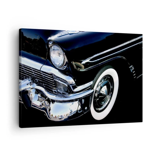 Impression sur toile - Image sur toile - Gros plan du phare et du garde-boue d'une voiture classique noire - 70x50cm - Classique en argent, noir et blanc - Décoration murale moderne pour le salon et la chambre ARTTOR