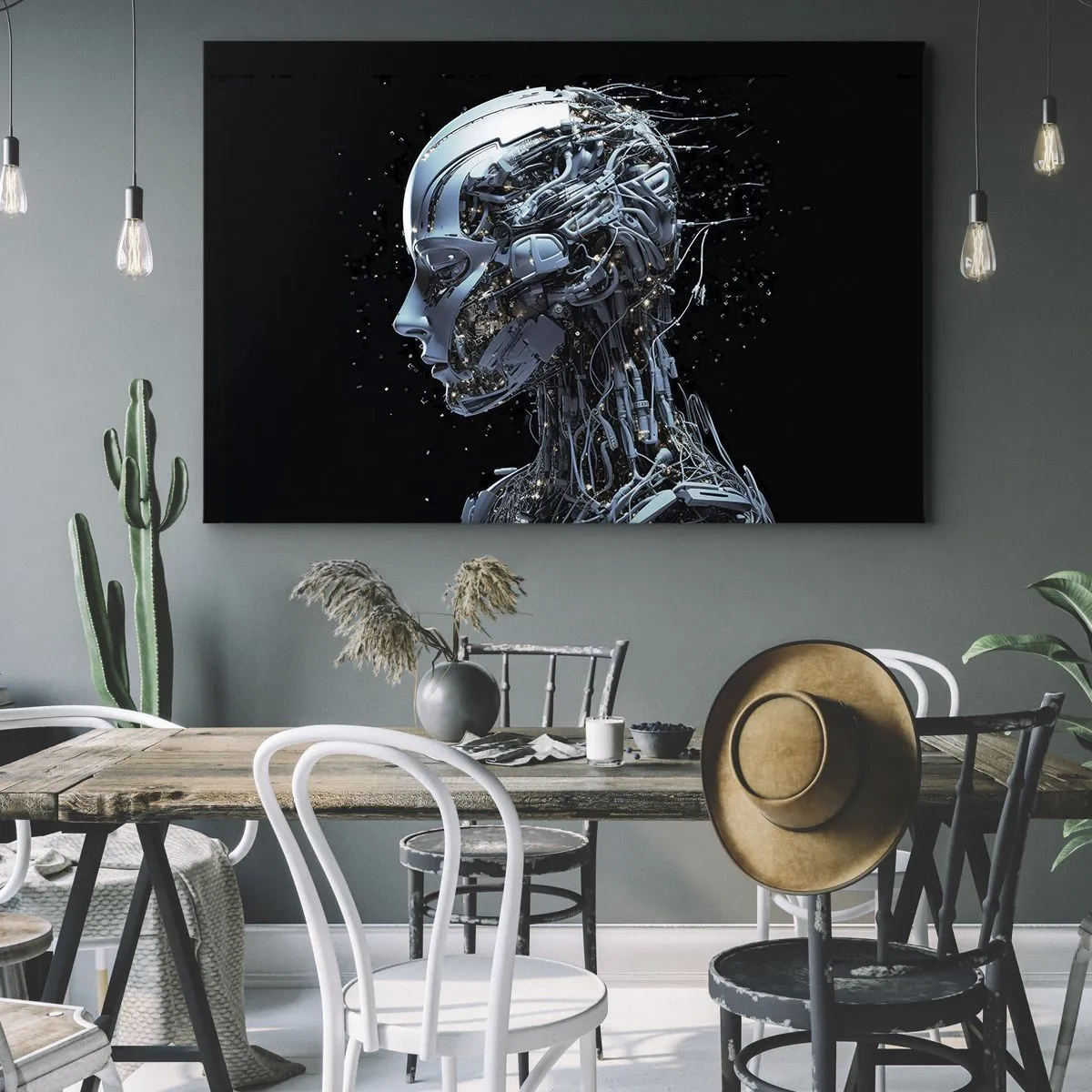 Impression sur toile - Image sur toile - Portrait futuriste d'un cyborg dans un style industriel sur fond noir. - 70x50cm - La technologie est une femme - Décoration murale moderne pour le salon et la chambre ARTTOR
